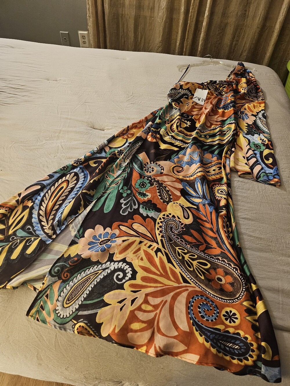 Zara Vivid Paisley One Long Sleeve Maxi Dress, - Front Slit,Multi, NWOT $80